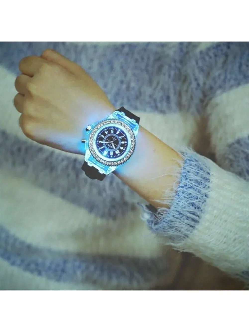 Women's Black Analog Silicone Bling LED Luminous Lights Sport Square Wrist Watch